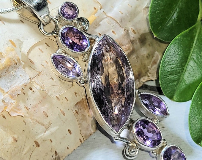 Natural High Grade Amethyst  .925 Sterling Silver Pendant Measures 2 1/4" x 5/8" 9 Grams Eye-Clean L31