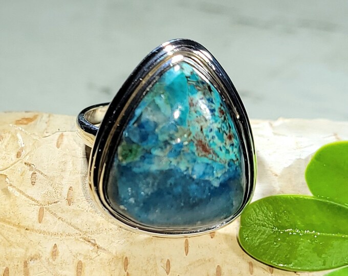 Natural Good Quality Shattuckite Handmade Pear .925 Sterling Silver Ring Size 7.5 7 Grams Face 7/8" x 11/16" CD10