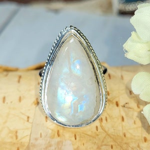 Moonstone Ring, Rainbow Moonstone Ring, Moonstone Sterling Silver Size 8 Ring, Handmade Moonstone Ring, Statement Ring, Gift for Her, DC