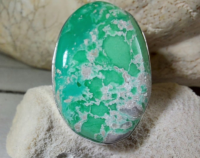Natural Premium Variscite Sterling Silver Ring, Variscite Pear Ring Size 8, Statement Ring, Boho Ring, GN