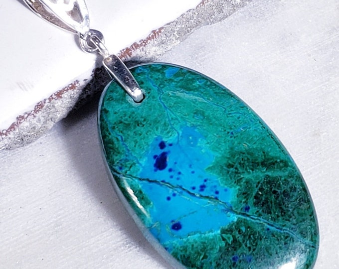 Natural AA Chrysocolla w/Azurite Oval Cabochon .925 Sterling Silver Pendant  2 3/8" x 1" EA04  Heavy Duty Designer Sterling Silver Bail
