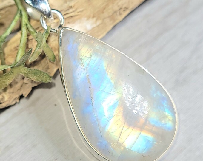 Natural Premium Grade Multi Flash Rainbow Moonstone Pear Handmade .925 Sterling Silver Pendant 1 5/8" x 3/4" 8 Grams GE06