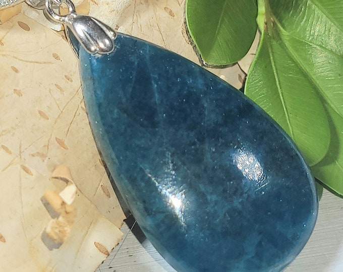 Natural High Quality Apatite Cabochon .925 Sterling Silver Pendant 1 3/4" x 7/8" EV07 Sterling Silver Rhodium Plated Bail