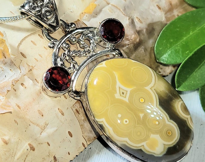 Natural High Quality Ocean Jasper, Garnet .925 Sterling Silver Pendant 1 13/16" x 7/8" 8 Grams P04