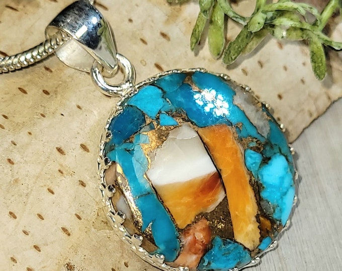 Spiny Oyster Turquoise Pendant, Spiny Oyster Turquoise w/copper, Sterling Silver Pendant, Spiny turquoise pendant, Handmade Pendant HJ22