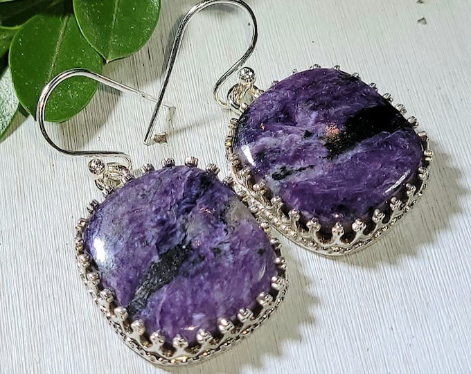 Natural High Grade Charoite Handmade .925 Sterling Silver Crown Prong Setting Earrings 10 Grams 1 1/2" x 3/4" AP17