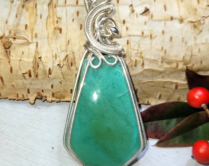 Blue Opalized Wood Pendant, Bluish Green Petrified Wood Wire Wrapped Sterling Silver Pendant, Hand Wrapped Pendant, Gift for Her, DP01