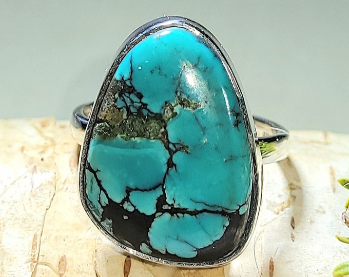 Natural AAA Grade Tibet Turquoise .925 Sterling Silver Ring Size 7.5 5 Grams Face 7/8" x 5/8" AL05