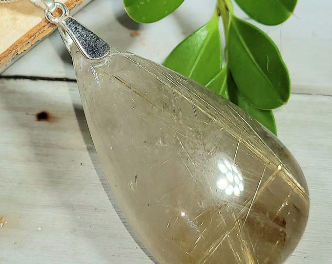 Natural Rare AA Golden Needle Rutilated Quartz Cabochon .925 Sterling Silver Pendant 2 1/4" x 1" Heavy Duty Bail