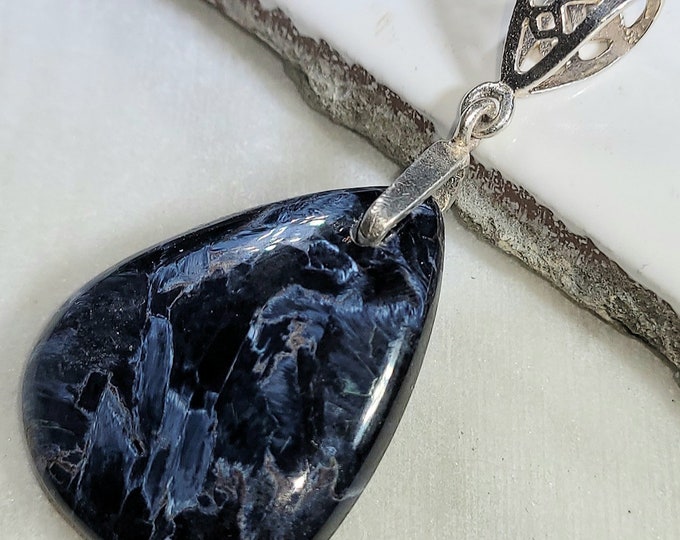 Natural Top Quality Blue Pietersite Pear Cabochon  .925 Sterling Silver Pendant 2" x 1" ED04 Sterling Silver Heavy Duty Designer Bail