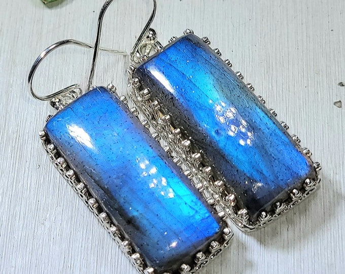Natural AAA Grade Blue Labradorite Handmade .925 Sterling Silver Crown Setting Earrings 13 Grams 1 5/8" x 9/16" AP15