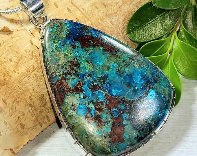 Natural Best Quality Azurite Pear Handmade .925 Sterling Silver Pendant 2" x 1 5/16" 15 grams CE11