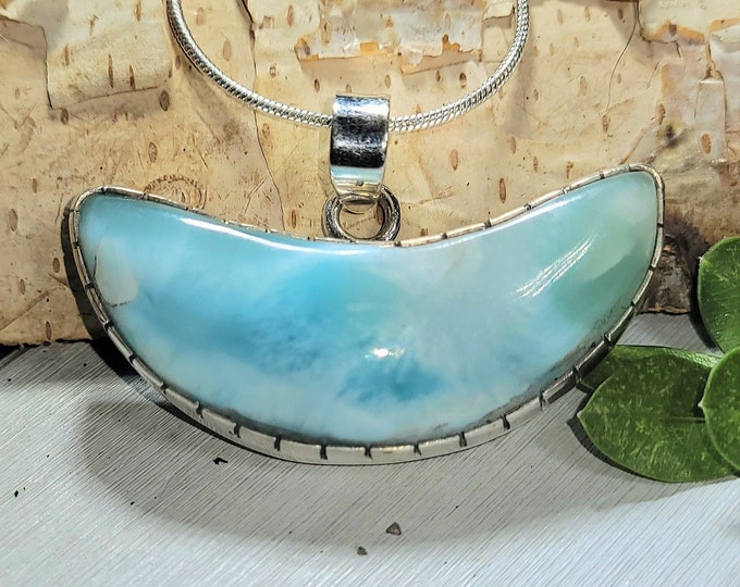 Natural AAA Grade Dominican Larimar Handmade .925 Sterling Silver Moon Pendant 1 1/8" x 1 3/4" 15 grams AC07