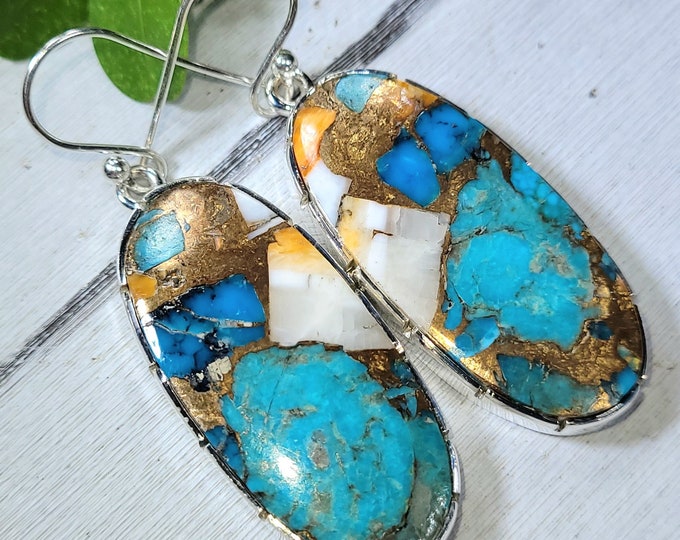 Natural Top Quality Color Spiny Oyster Turquoise Oval .925 Sterling Silver Earrings 15.1 Grams 1 1/4" x 1/2" BA11 Genuine Stones Gift