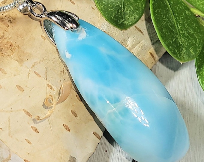 Natural AA Dominican Larimar Cabochon .925 Sterling Silver Pendant 1 3/4" x 1/2" 7 Grams ET17 Sterling Silver Rhodium Plated Bail