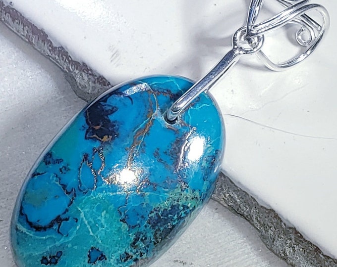 Natural AAA African Chrysocolla Oval Cabochon .925 Sterling Silver Pendant EB24 2 1/8" x 13/16" Heavy Duty Designer Sterling Silver Bail