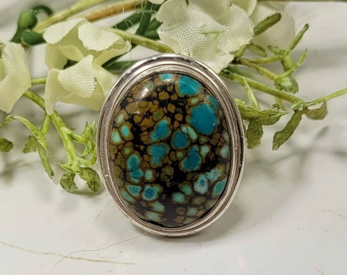 Natural Tibetan Turquoise Sterling Silver Ring, Boho Ring, Statement Ring; Handmade Ring, Premium Tibet Turquoise Ring Size 7.50 CZ