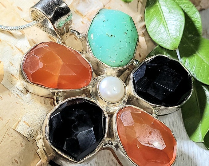 Natural Carnelian, Onyx, Pearl & Chrysoprase Flower .925 Sterling Silver Pendant measures 2 1/8" x 1 1/4" 25 Grams J08
