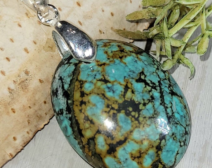 Turquoise Pendant, Tibet Turquoise Sterling Silver Pendant, Oval Turquoise Pendant, Handmade Turquoise Sterling Silver Pendant, HA03
