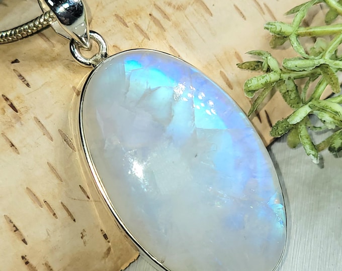 Moonstone Pendant, Rainbow Moonstone Oval Cabochon Sterling Silver Pendant, Multi Color Flash, Gift for Her, Handmade Pendant, HR13