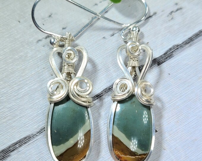Natural Polychrome Jasper Oval Wire Wrapped .925 Silver Earrings, Sterling Silver Wire Wrapped Earrings, Handmade Stone Jewelry FK06