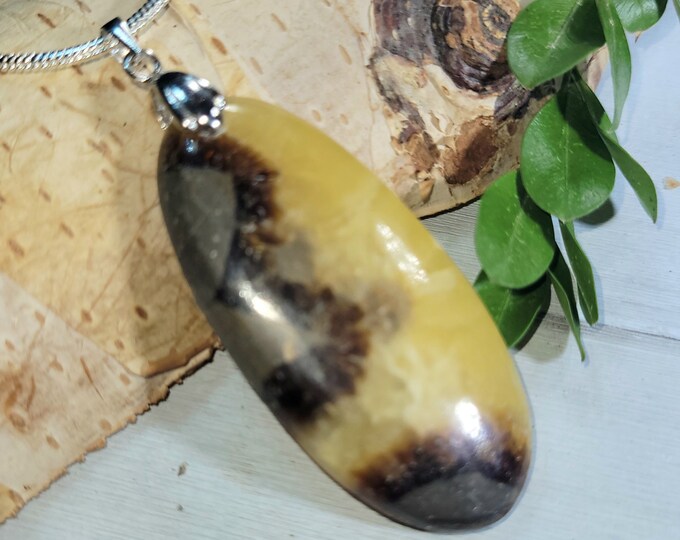 Natural Premium Grade Yellow Septarian Oval Cabochon .925 Sterling Silver Pendant 2 3/8" x 7/8" CL17 Solid Sterling Silver Rhodium Bail