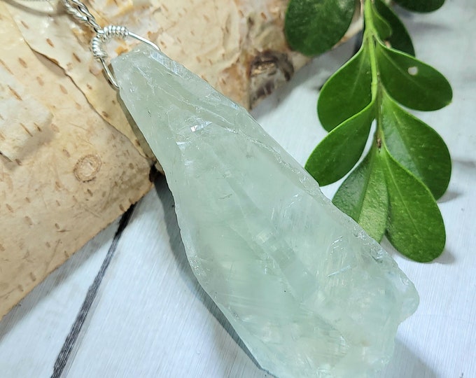 Natural Premium Grade Green Amethyst Faceted Rough .925 Sterling Silver Wire Wrapped Pendant 3" x 1" AD02