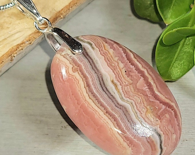 Natural Best Grade Rhodochrosite Oval Cabochon .925 Sterling Silver Pendant 1 5/8" x 3/4" EM06 Custom Fit Sterling Silver Bail