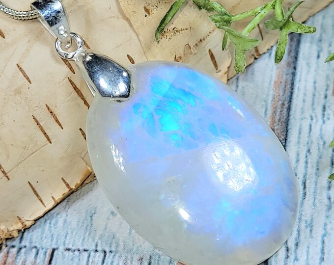 Moonstone Pendant, Multi Flash Moonstone Oval Cabochon Sterling Silver Pendant, Gift for Her, Handmade Moonstone Pendant, HS30