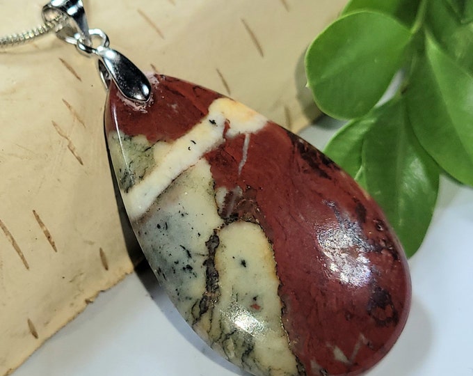 Natural Premium Red River Jasper Pear Cabochon .925 Sterling Silver Pendant 1 7/8" x 15/16" CL03 Solid Sterling Silver Bail "Gift for Her"