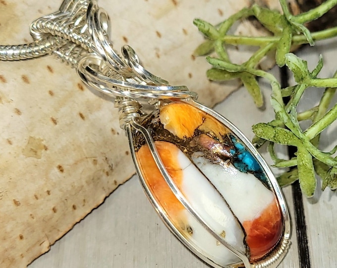 Spiny Copper Oyster Turquoise Pendant: Handmade Sterling Silver Wire Wrap