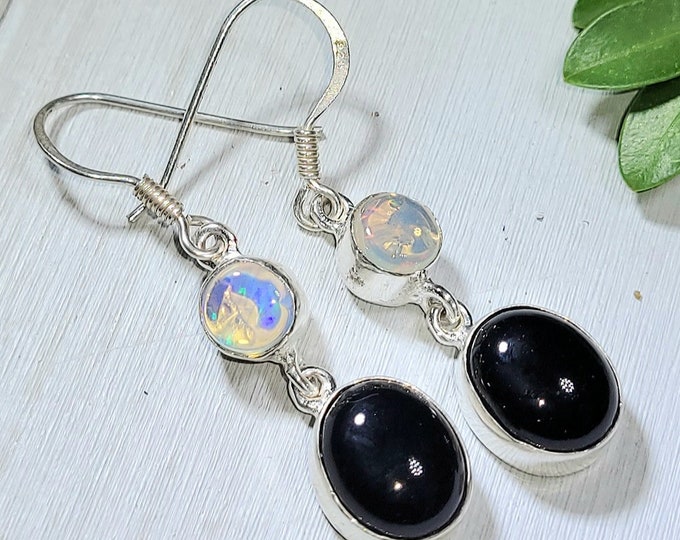 Natural Black Onyx & Ethiopian Opal .925 Sterling Silver Earrings 5 Grams 1 3/4" x 3/8" P40