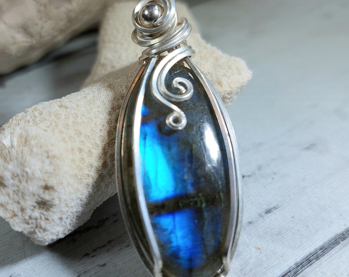 Natural AAA Grade Blue Labradorite Hand Wrapped .925 Sterling Silver Pendant 2" x  3/4" 10 Grams GC01 Handmade Wrapped Solid Sterling Silver