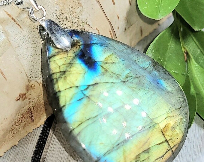 Natural High Grade Multi Flash Labradorite Pear Cabochon  .925 Sterling Silver Pendant 1 3/4" x 1 1/8" EP08