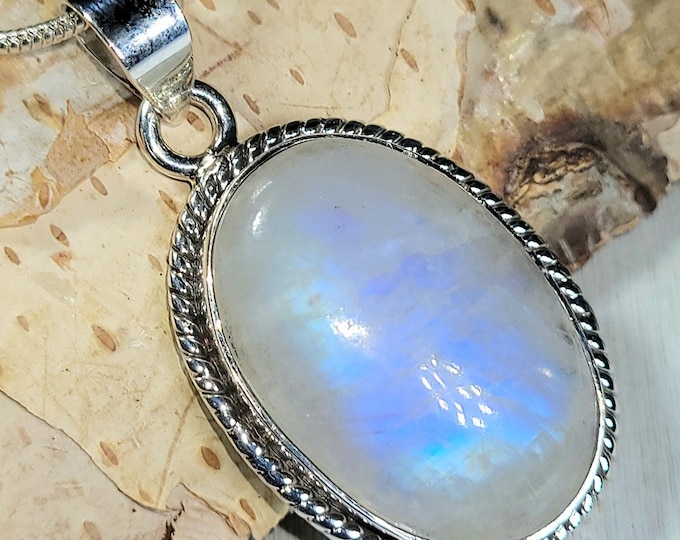 Natural Premium Grade Blue Flash Rainbow Moonstone .925 Sterling Silver Pendant 1 1/2" x 3/4" 7 Grams EX26
