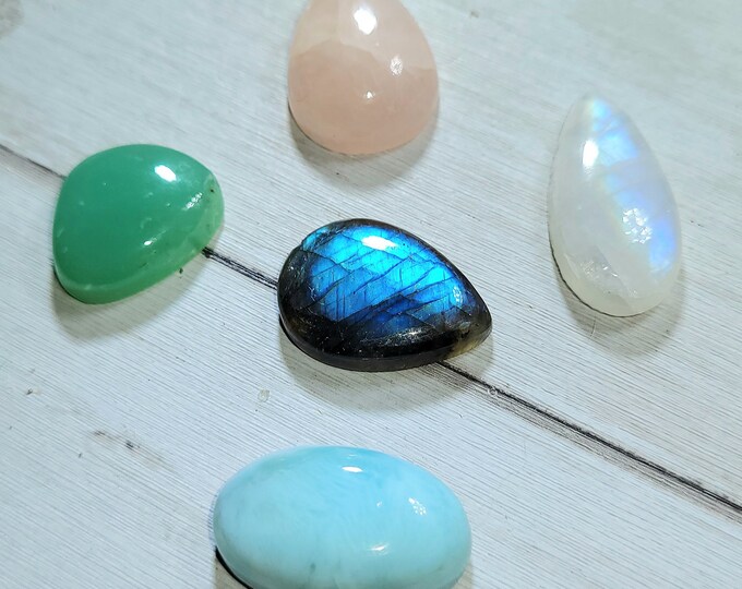 Natural Labradorite, Larimar, Moonstone, Chrysoprase & Morganite 85ct Cabochons Mixed Lot 5 Stone Wire Wrap, Weaving ML11