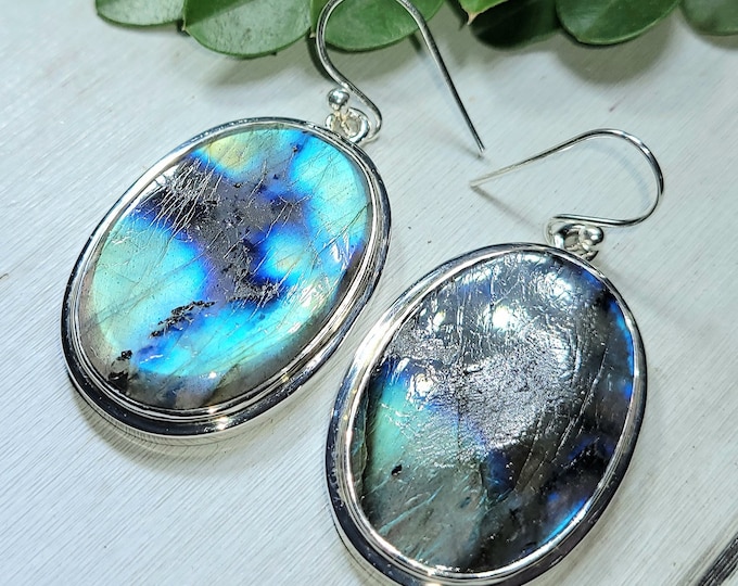 Natural Multi Color Flash Labradorite Oval Handmade .925 Sterling Silver Earrings 16 Grams 1 7/8" x 1" AP16