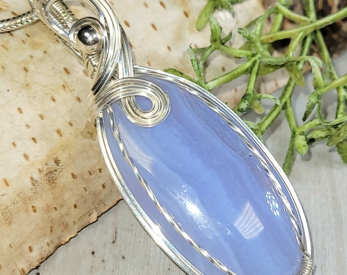 Blue Lace Agate Pendant, Wire Wrapped Blue Lace Agate Sterling Silver Pendant, Solid Sterling Wire Wrapped Pendant, Gift for Her, HC09