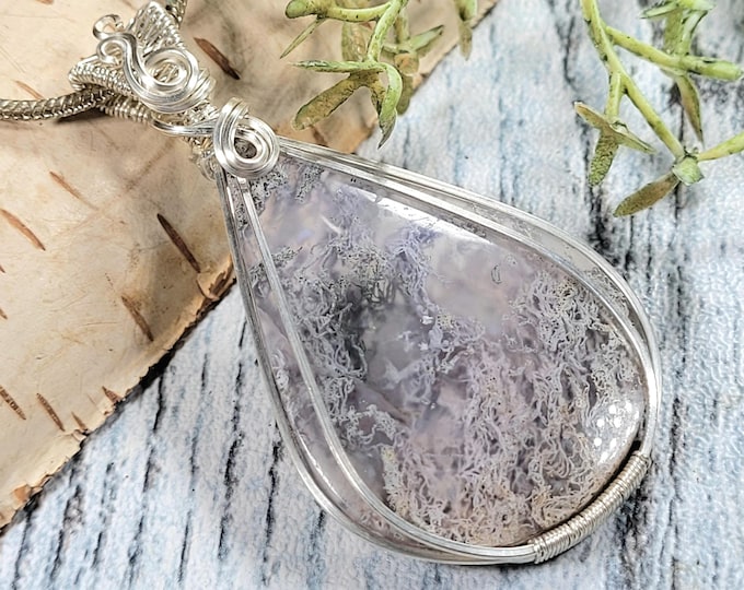 Wire Wrapped Moss Agate Sterling Silver Pendant: Artisan Crafted