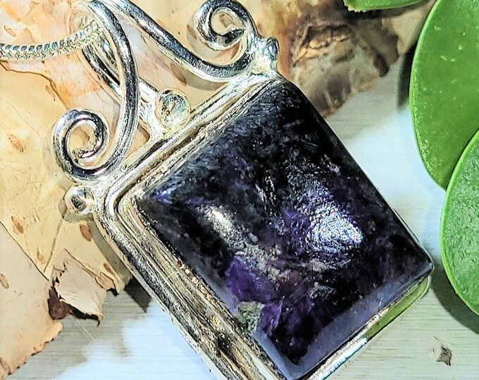 Natural Charoite .925 Sterling Silver Pendant 1 3/16" x 3/4" 8 Grams J09