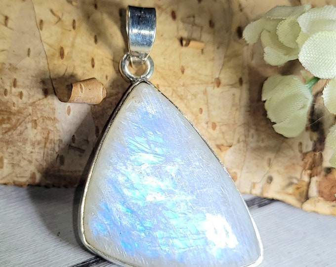 Natural AAA Grade Multi Full Flash Rainbow Moonstone .925 Sterling Silver Pendant Measures 1 3/4" x 1" Weighs 12 Grams CZ41
