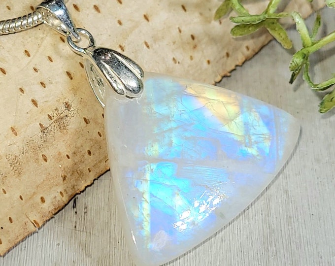 Moonstone Pendant, Rainbow Moonstone Triangle Cabochon Sterling Silver Pendant, Multi Color Flash, Gift for Her, Handmade Pendant, HE39