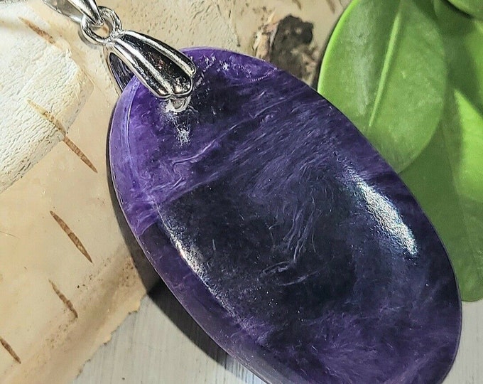 Natural AAA Charoite Oval Cabochon .925 Sterling Silver Pendant  1 3/4" x 13/16" EP19 Sterling Silver Rhodium Plated Bail