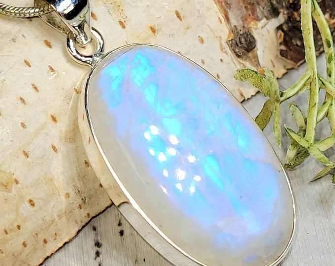 Moonstone Pendant, Blue Moonstone Oval Cabochon Sterling Silver Pendant, Full Blue Flash Moonstone, Gift for Her, Handmade Pendant, GS22