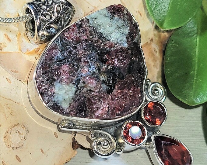 Natural Russian Eudialyte Druzy, Rhodolite Garnet  .925 Sterling Silver Pendant 1 5/8" x 1" 10 Grams EW34