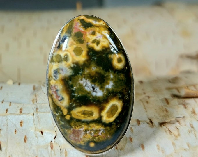 Natural Premium Grade Ocean Jasper Ring, Genuine Ocean Jasper Ring set in .925 Sterling Silver, Size 9