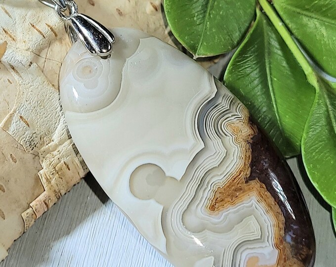 Natural Crazy Lace Agate Cabochon .925 Sterling Silver Pendant Measures 2" X 7/8" Solid Sterling Silver Rhodium Plated Bail