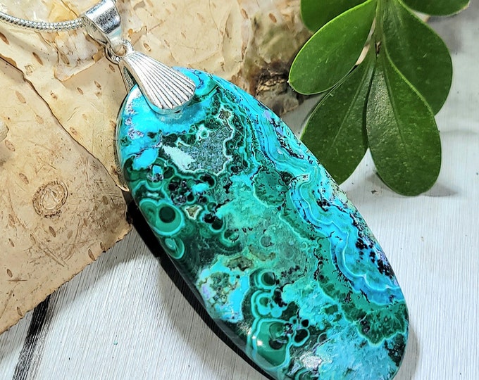 Natural AAA Chrysocolla Malachite Cabochon .925 Sterling Silver Pendant 2 3/8" x 1" 14 Grams AD01 Sterling Silver Heavy Duty Designer Bail