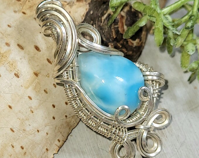 Larimar Pendant, Larimar Hand Wire Wrapped Sterling Silver Pendant, Statement Larimar Pendant, Gift for Her, Hand Made Larimar Pendant, HK23