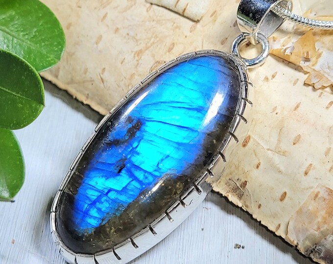 Natural AAA Grade Blue Fire Labradorite .925 Sterling Silver Pendant 1 7/8" x 5/8" 11 Grams AB35
